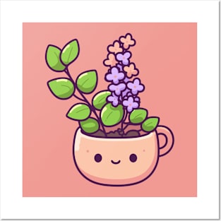 Cute Purple Flower in a Pot | Kawaii Cute Plant Illustration | Cute Kawaii Houseplant Posters and Art